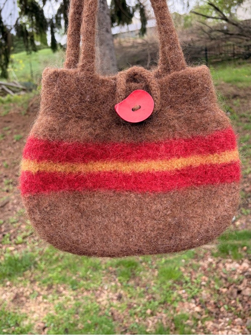 Handcrafted Brown Wool Felted Purse with Red and Yellow Stripes